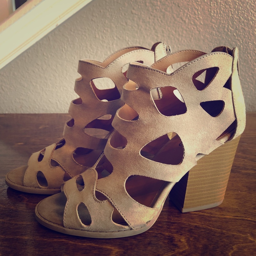 Beige faux Suede laser cutout heels 3.5 in heel